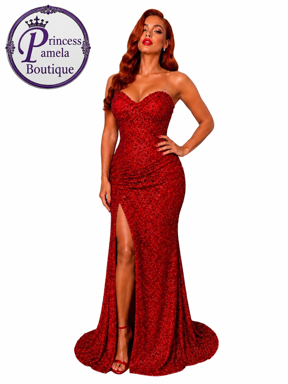 #35-9 Red sequined evening gown.  Medium -Size 10